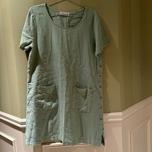 Perspective Green Linen Dress with Side Buttons & Front Pockets Women’s Size L